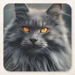Majestic Long-Haired Cat Portrait Design Square Paper Coaster