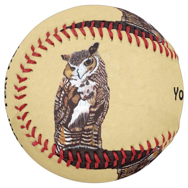 Majestic Looking Brown White Owl on Stump Tan Softball (Front Left)