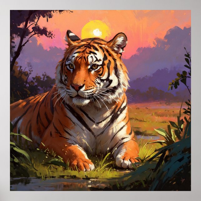 Majestic Lying Tiger In Sunset Poster (Front)