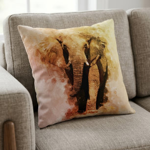 Majestic Male African Elephant Walking Watercolor Cushion
