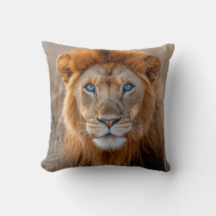 Majestic Male Lion with Glowing Blue Eyes Cushion