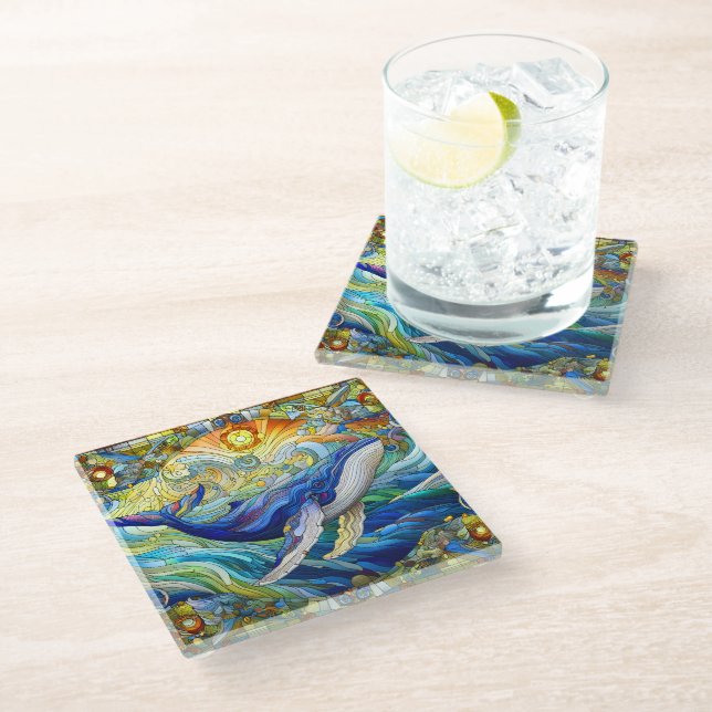 Majestic Marine Mosaic A Stained Glass Whale Coaster (Angled)