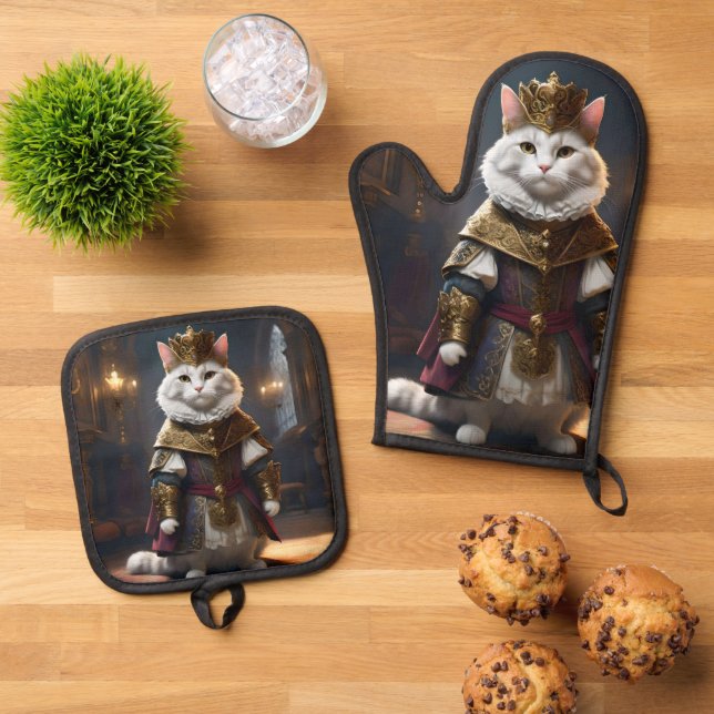 "Majestic Monarch: The Regal White Cat in Robes" Oven Mitt & Pot Holder Set (Top Down)