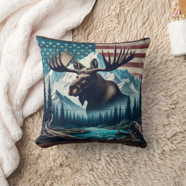 Majestic Moose Against Mountains and American Flag Cushion (Blanket)