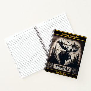 Majestic moose among tall pines in serene woodland notebook