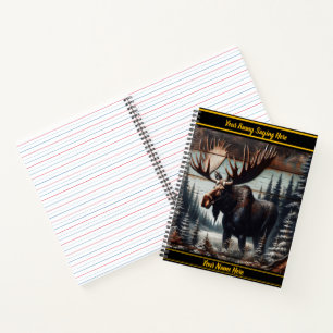 Majestic moose art carved into dark wood landscape notebook
