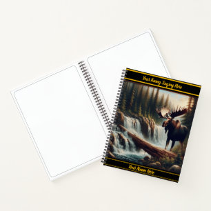 Majestic moose by a tranquil waterfall at dawn notebook