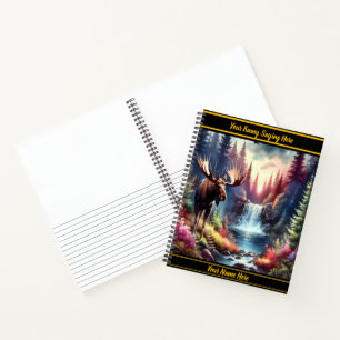 Majestic moose by a tranquil waterfall at dusk notebook