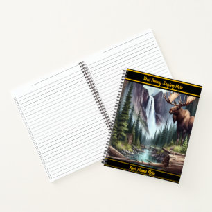 Majestic moose by a tranquil waterfall in a forest notebook