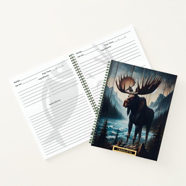 Majestic moose standing by a serene mountain lake notebook (Inside)