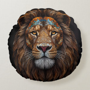 Majestic Mosaic Lion Head Round Cushion