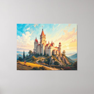 Majestic Mountain Castle at Sunset in Picturesque Canvas Print
