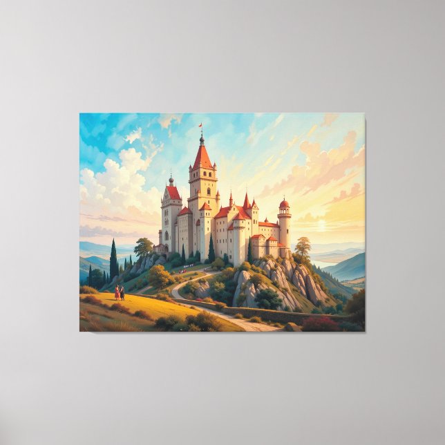 Majestic Mountain Castle at Sunset in Picturesque Canvas Print (Front)