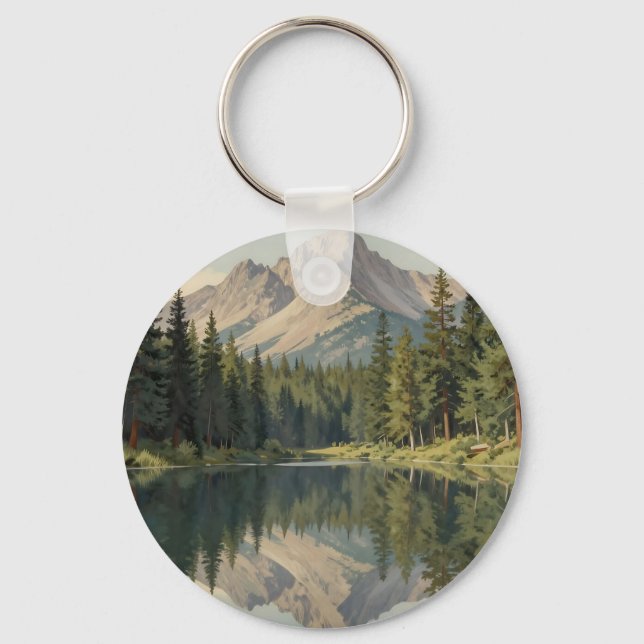 Majestic Mountain Lake Reflection Key Ring (Front)