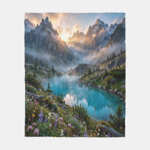 Majestic Mountain Lake Sunrise Fleece Blanket