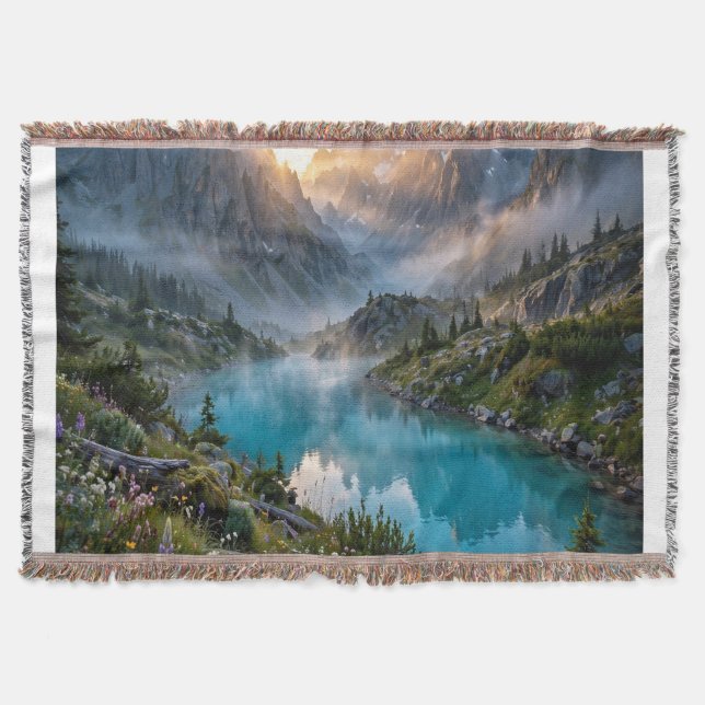 Majestic Mountain Lake Sunrise Throw Blanket (Front)