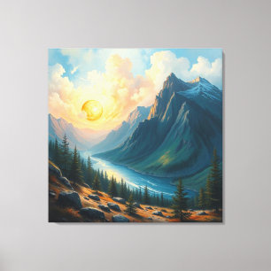 Majestic Mountain Landscape with Sunset and River Canvas Print