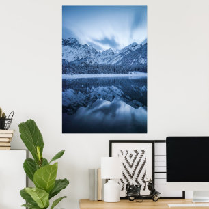 Majestic mountains reflection Fusine lake, Italy Poster