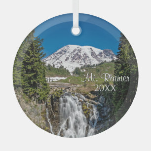 Majestic Mt. Rainier with Myrle Falls, Paradise Glass Tree Decoration
