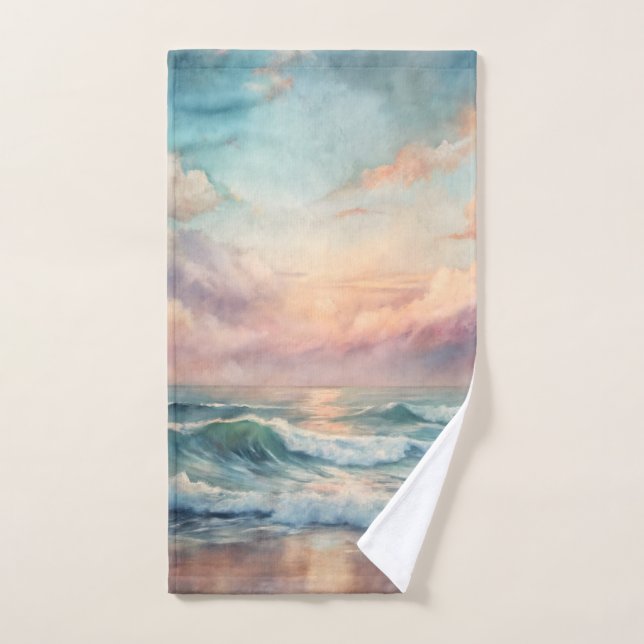 Majestic Ocean Sunset Waves Watercolor Coastal Bath Towel Set (Hand Towel)