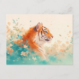Majestic Orange Tiger in Soft Teal Garden Postcard