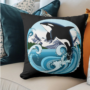 Majestic Orca Killer Whale Blue Waves Ocean Cushion
