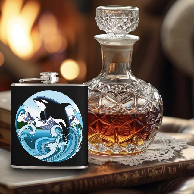 Majestic Orca Killer Whale Blue Waves Ocean Hip Flask (Creator Uploaded)