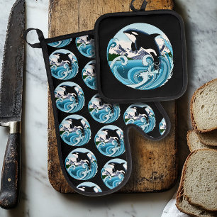 Majestic Orca Killer Whale Blue Waves Ocean Oven Mitt & Pot Holder Set