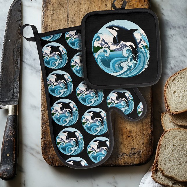 Majestic Orca Killer Whale Blue Waves Ocean Oven Mitt & Pot Holder Set (Creator Uploaded)