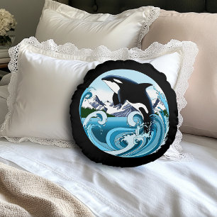 Majestic Orca Killer Whale Blue Waves Ocean Round Cushion