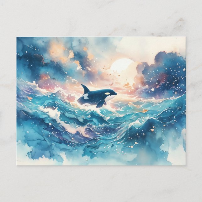 Majestic Orca Sunlit Watercolor Wave Postcard (Front)