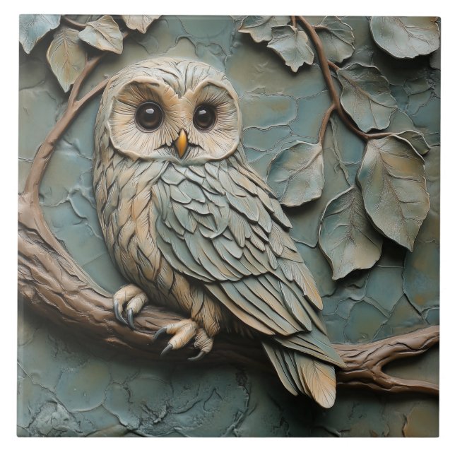 Majestic Owl on Branch Wildlife Faux Relief Tile (Front)