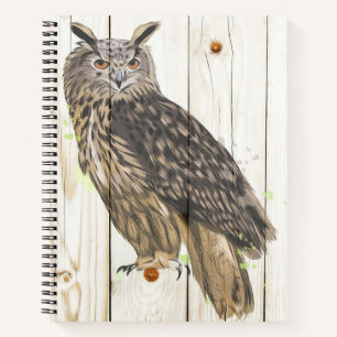 Majestic owl on faded wood planks paint spatters notebook