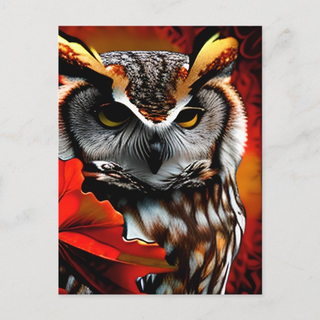 Majestic Owl with Red Leaf Ai Art Postcard (Front)