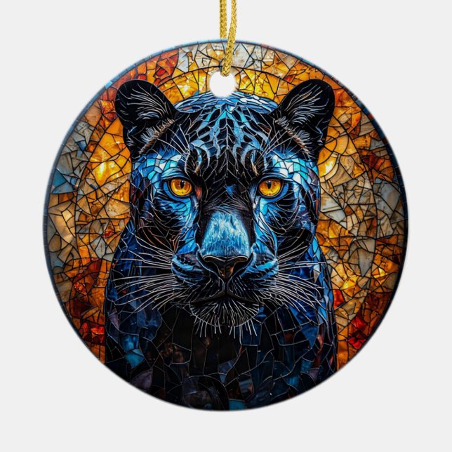 Majestic Panther Stained Glass Artwork Ceramic Tree Decoration (Front)