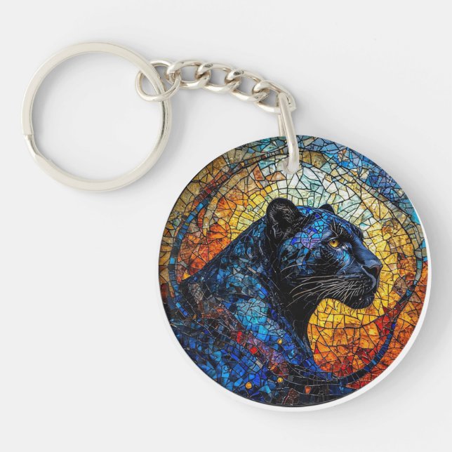 Majestic Panther Stained Glass Artwork Key Ring (Front)