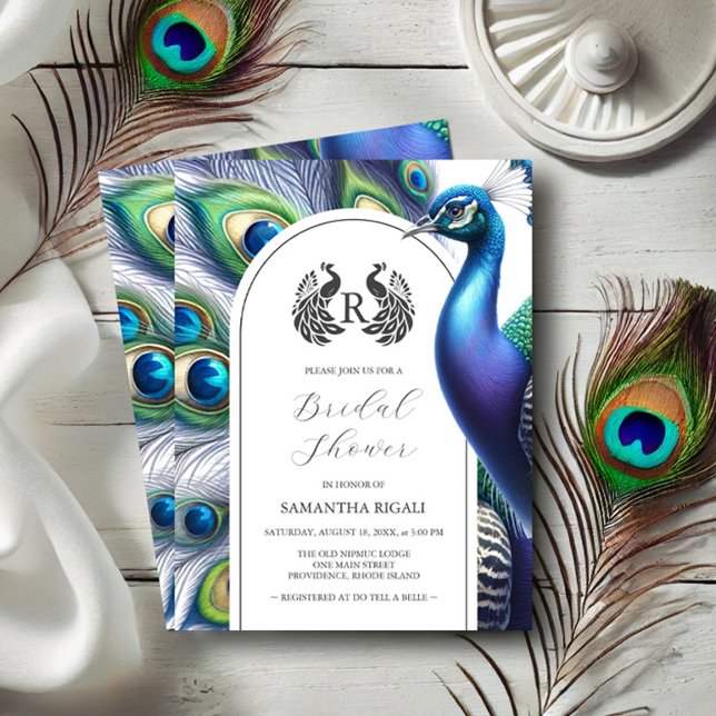 Majestic Peacock Bridal Shower Invitations (Bridal shower invitations watercolor peacock and monogram Do Tell A Belle)