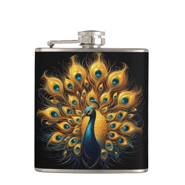 Majestic Peacock Display Blue And Gold Hip Flask (Front)