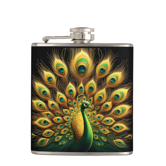 Majestic Peacock Display Green And Gold Hip Flask (Front)