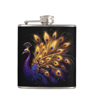 Majestic Peacock Gracefully Displayed on White Hip Flask