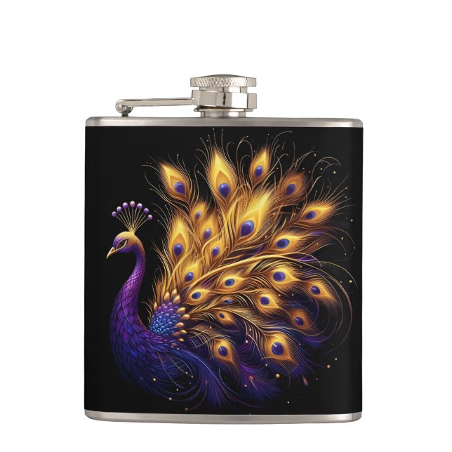 Majestic Peacock Gracefully Displayed on White Hip Flask (Front)