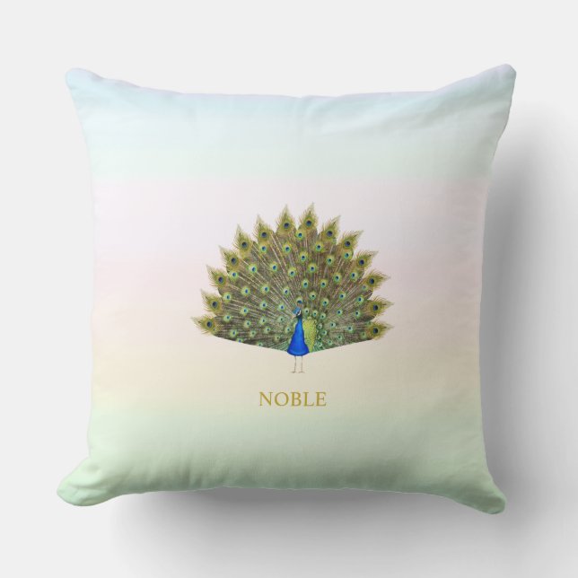 Majestic peacock on pastel colour shades cushion (Front)