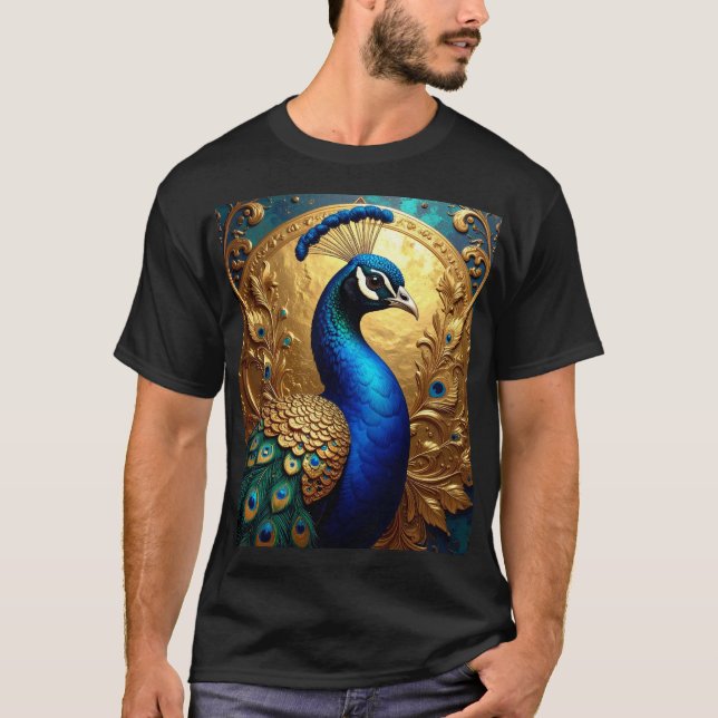 Majestic Peacock – Ornate Plumage in Golden Frame T-Shirt (Front)