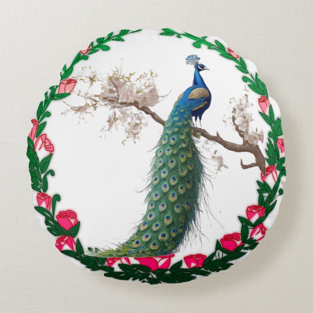 "Majestic Peacock Paradise" Round Cushion (Front)