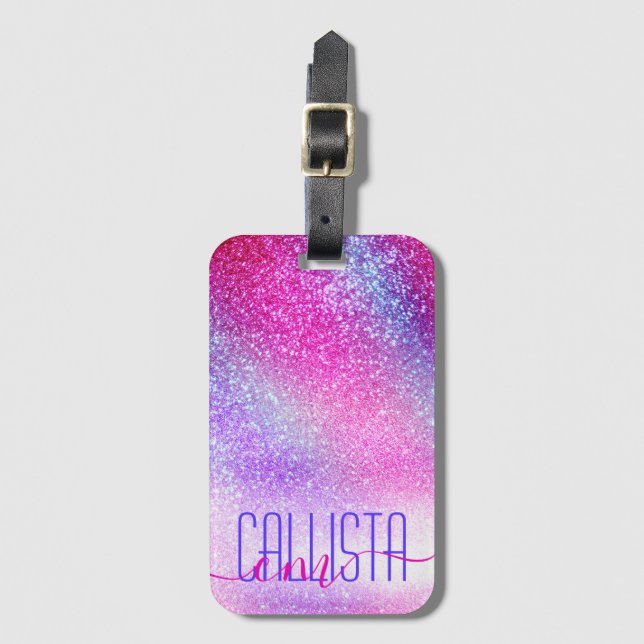 Majestic Pink Purple Nebula Galaxy Glitter Luggage Tag (Front Vertical)