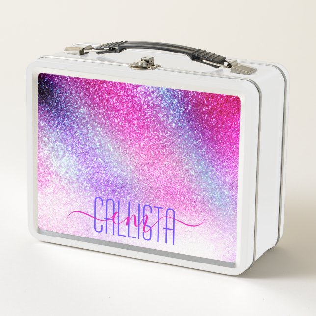 Majestic Pink Purple Nebula Galaxy Glitter Metal Lunch Box (Front)