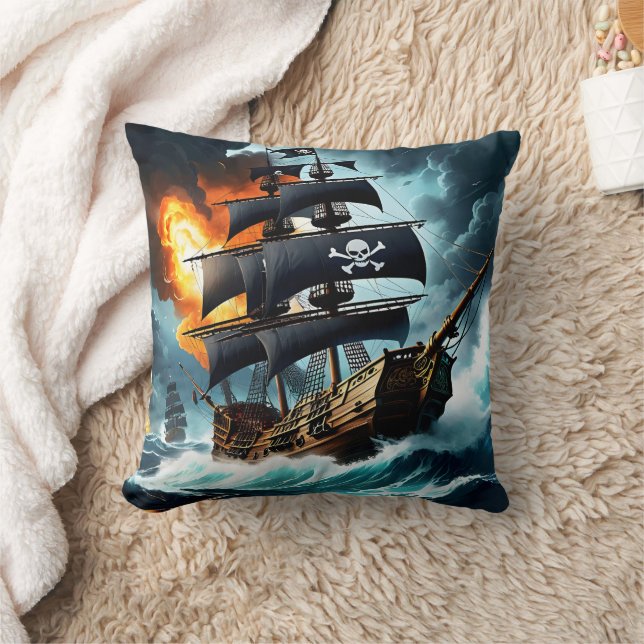 Majestic Pirate Ship Battling Stormy Seas at Dawn Cushion (Blanket)