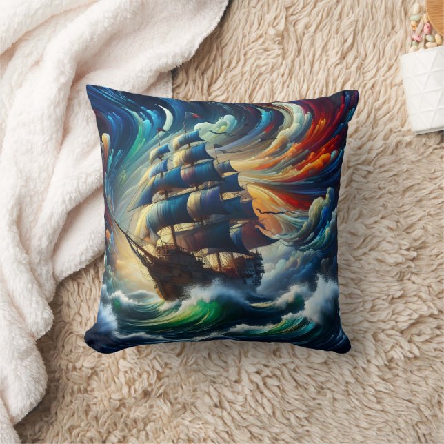 Majestic Pirate Ship Navigating Stormy Seas Cushion (Blanket)