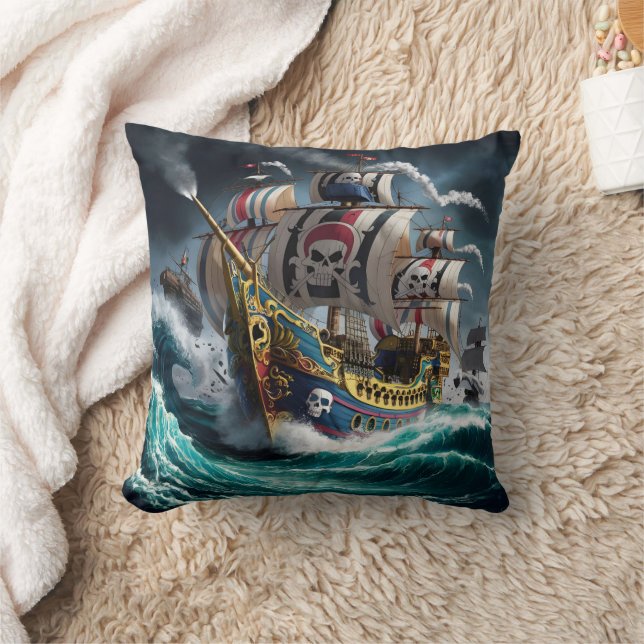 Majestic Pirate Ship Sailing Through Stormy Seas Cushion (Blanket)