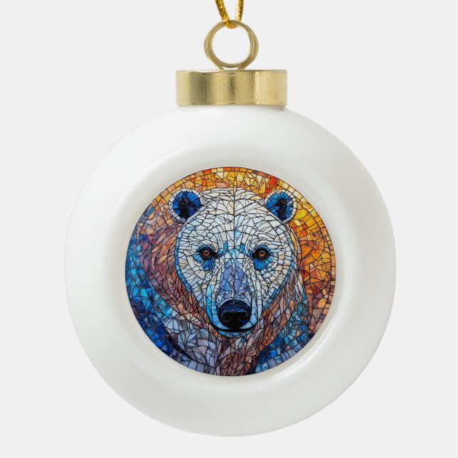 Majestic Polar Bear Stained Glass Artwork Ceramic Ball Christmas Ornament (Front)